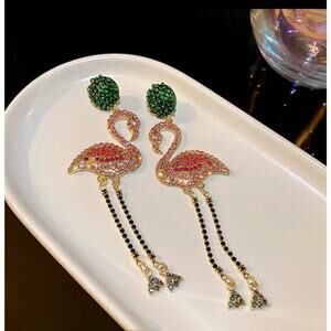 Pink‎ Flamingo Earrings Rhinestones Dangle Beaded New